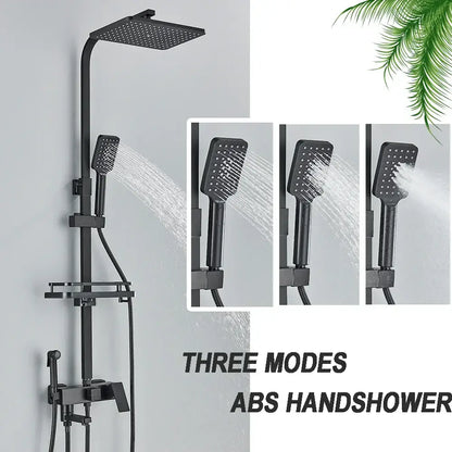 Matte black brass shower faucet set with shelf featuring a square rainhead handheld spray and three water modes shower faucet