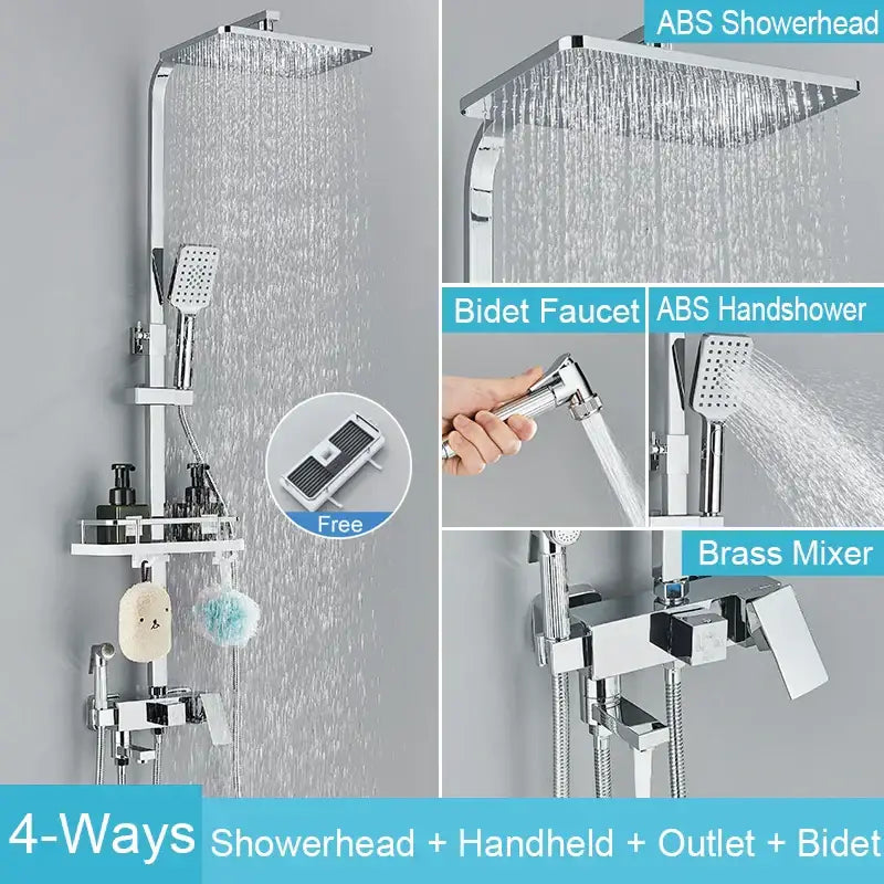 Chrome finished abs square rain style showerhead in matte black brass shower faucet set with shelf for bathroom rainfall tap
