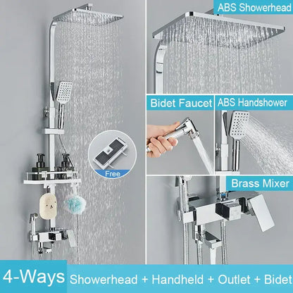 Chrome finished abs square rain style showerhead in matte black brass shower faucet set with shelf for bathroom rainfall tap