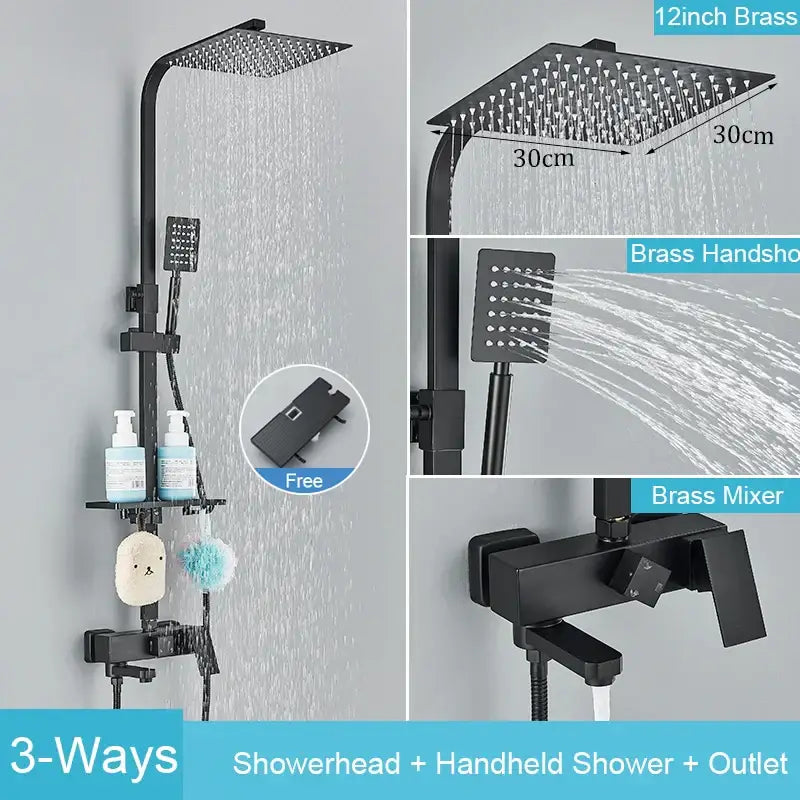 Matte black brass shower faucet set with shelf featuring square rainhead handheld shower and mixer for bathroom use