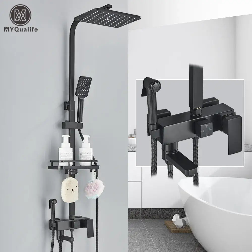 Matte black brass shower faucet set with a square rainhead handheld spray nozzle and integrated shelf for toiletries
