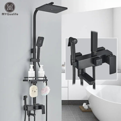 Matte black brass shower faucet set with a square rainhead handheld spray nozzle and integrated shelf for toiletries
