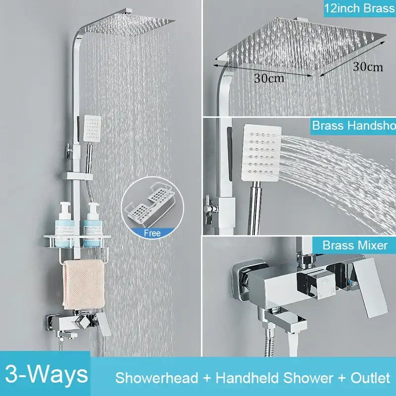 Matte black brass shower faucet set with 12 inch polished brass rain showerhead and matching handheld faucet set
