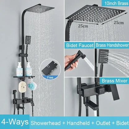 Matte black brass shower faucet set featuring a 10-inch square rain showerhead with a modern minimalist design