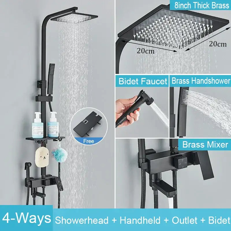 Matte black brass shower faucet set featuring an 8-inch square rain showerhead with multiple spray nozzles