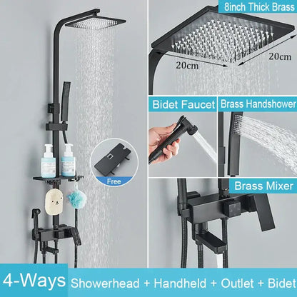 Matte black brass shower faucet set featuring an 8-inch square rain showerhead with multiple spray nozzles