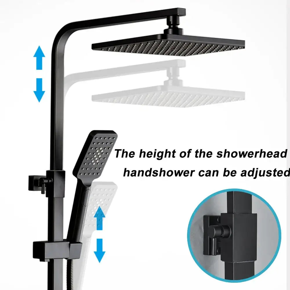 Matte black brass shower faucet set with adjustable square rainhead and handheld unit for rainfall shower system
