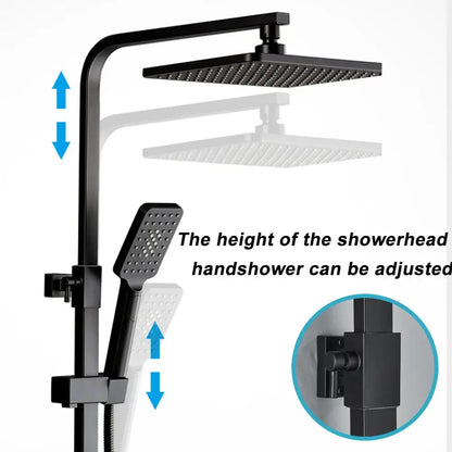 Matte black brass shower faucet set with adjustable square rainhead and handheld unit for rainfall shower system