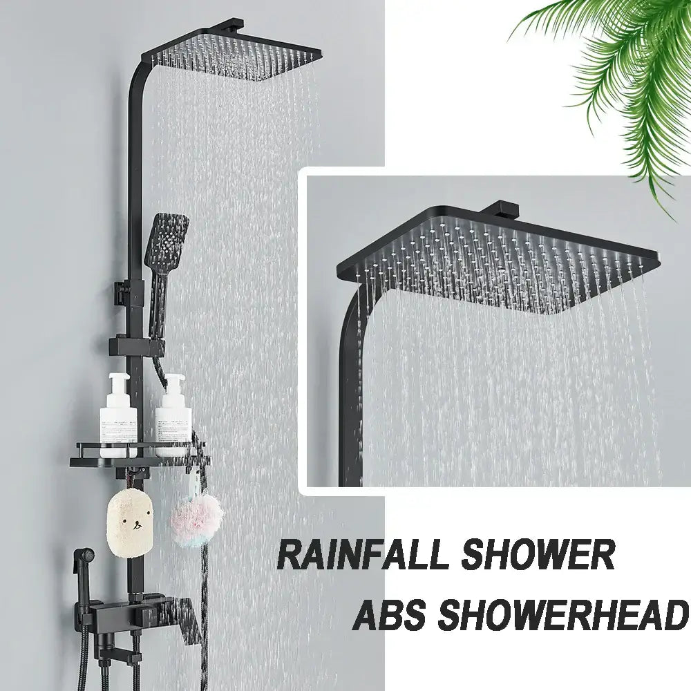 Matte black brass shower faucet set with square abs rainfall showerhead and multiple water jets for bathroom use