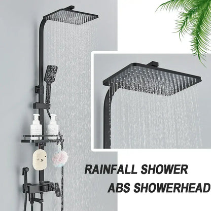 Matte black brass shower faucet set with square abs rainfall showerhead and multiple water jets for bathroom use
