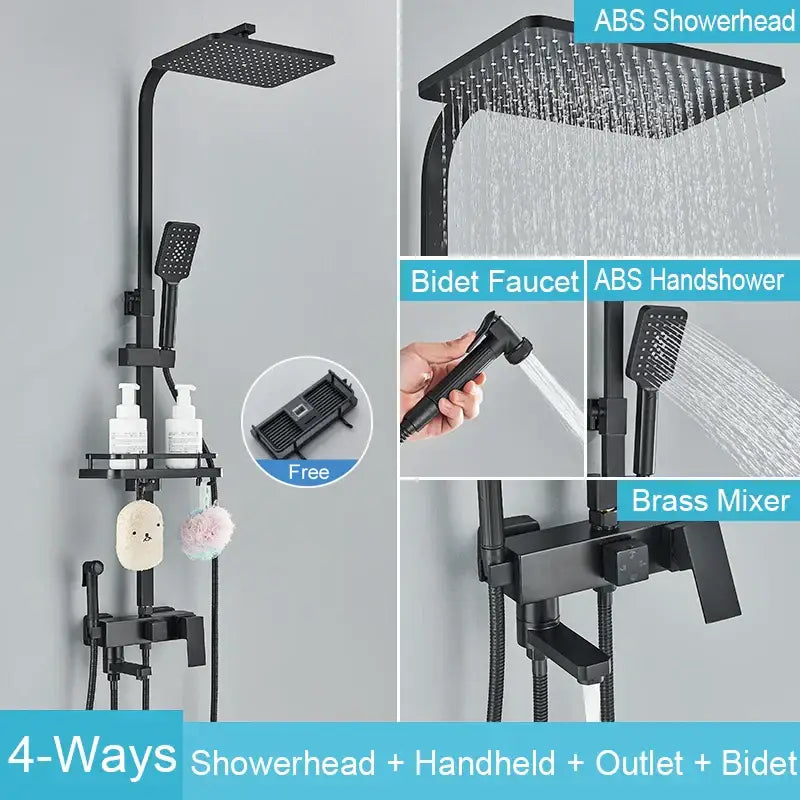 Matte black brass shower faucet set featuring a square abs rain-style shower faucet with multiple spray nozzles