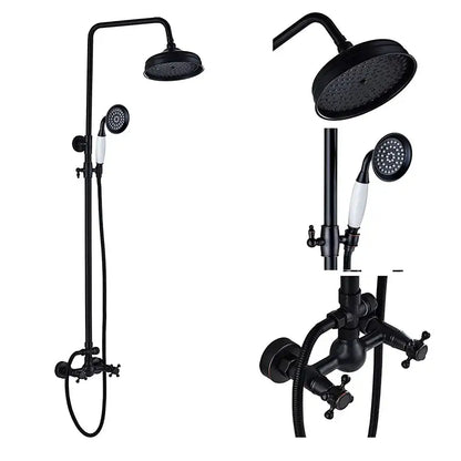 Matte black shower faucet set with bronze accents, tall rain shower head, handheld spray, and white ceramic handles