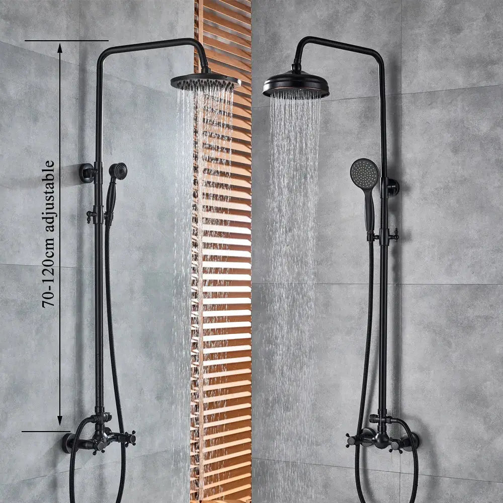 Matte black and bronze shower faucet set with tall overhead rainhead and adjustable handheld sprayer for bathroom use