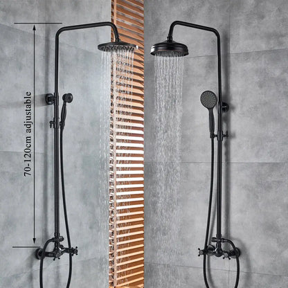 Matte black and bronze shower faucet set with tall overhead rainhead and adjustable handheld sprayer for bathroom use