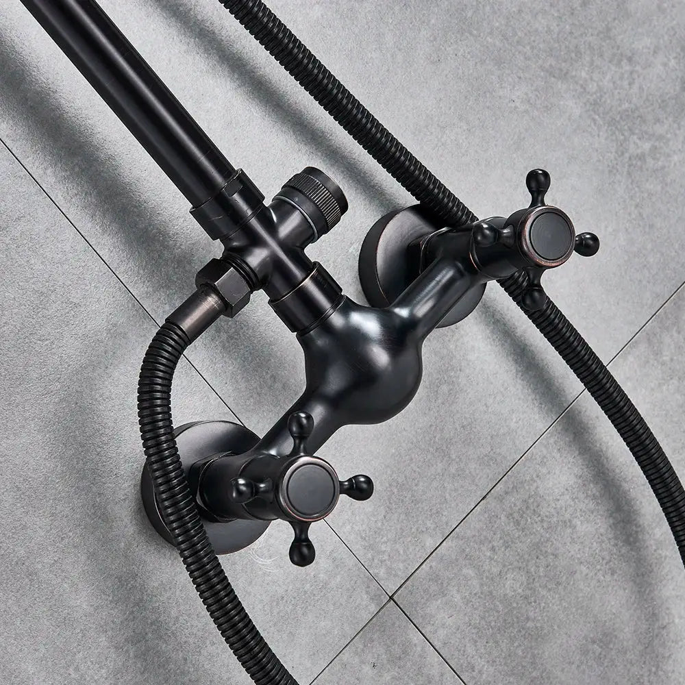 Matte black brass shower faucet set with two cross-handle knobs and flexible hoses for bathroom use