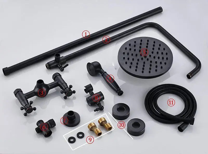 Matte black and bronze shower faucet set with round rainhead, handheld sprayer, and flexible hose for bathroom use