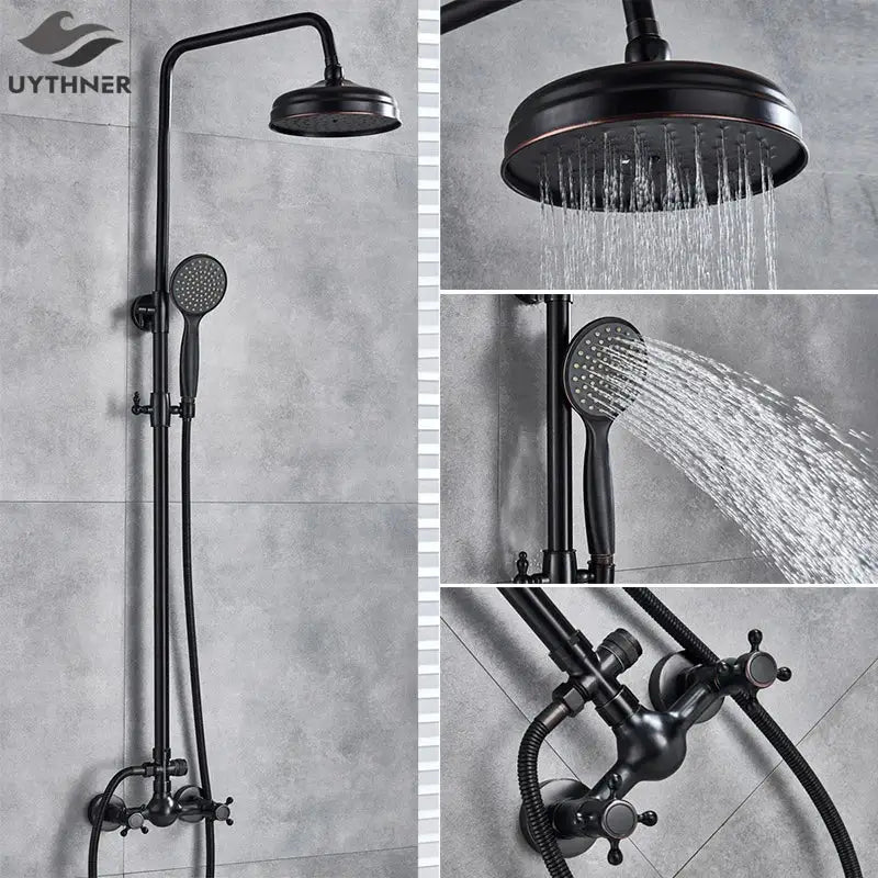 Matte black uythner shower faucet set with bronze accents featuring large overhead rainhead and handheld spray head