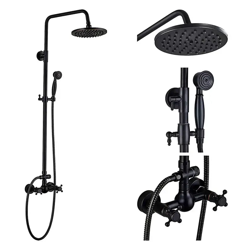 Matte black and bronze shower faucet set with round rainhead and vintage cross-handle controls for bathroom use