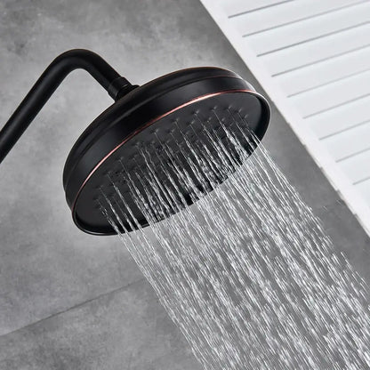 Matte black and bronze shower faucet set with a black matte finished showerhead featuring a copper-toned rim and multiple jets