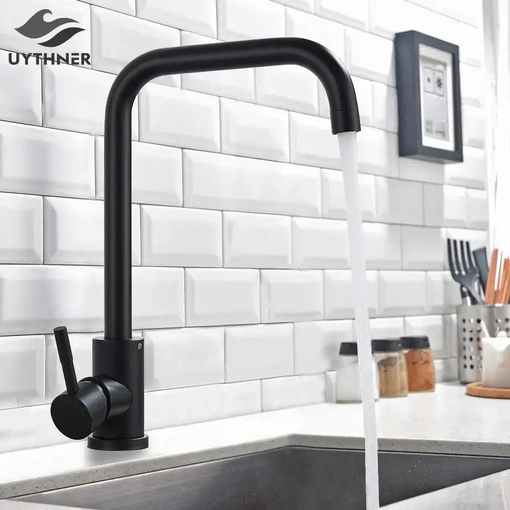 Matte black decorbites kitchen faucet with curved spout and single lever handle in brushed nickel finish