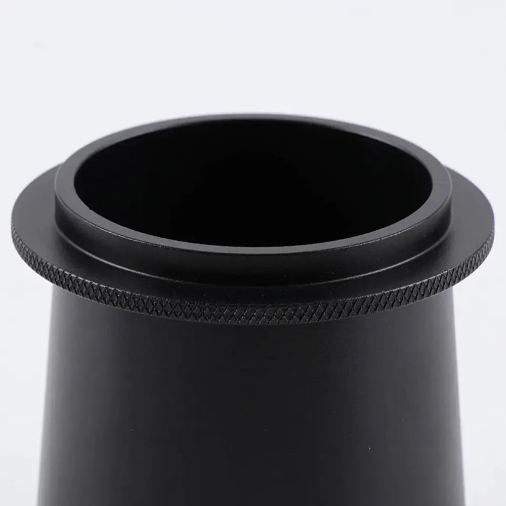 Matte black ceramic dosing cup with textured knurled edges for decorbites espresso machine dosing use