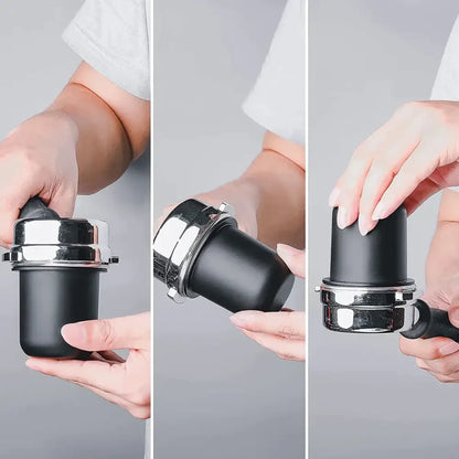 Matte black ceramic espresso machine dosing cup with black and chrome espresso tamp for precise espresso machine dosing