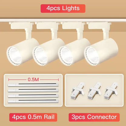 Set of four white adjustable track lights with rails and connectors for decorbites cob chandelier track ceiling use