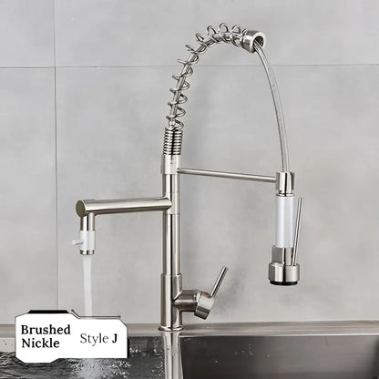 Brushed nickel kitchen faucet with flexible coiled gooseneck pull down spray head for decorbites brass kitchen swivel spout