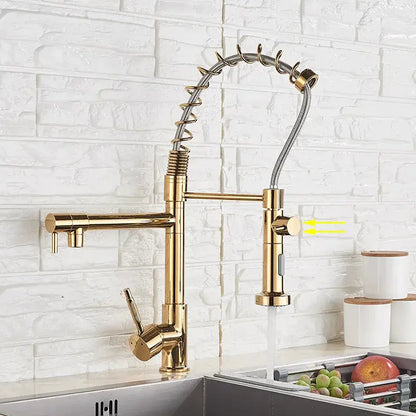 Gold-colored kitchen faucet with flexible spring hose and pull-down spray head in matte black decorbites brass swivel spout design