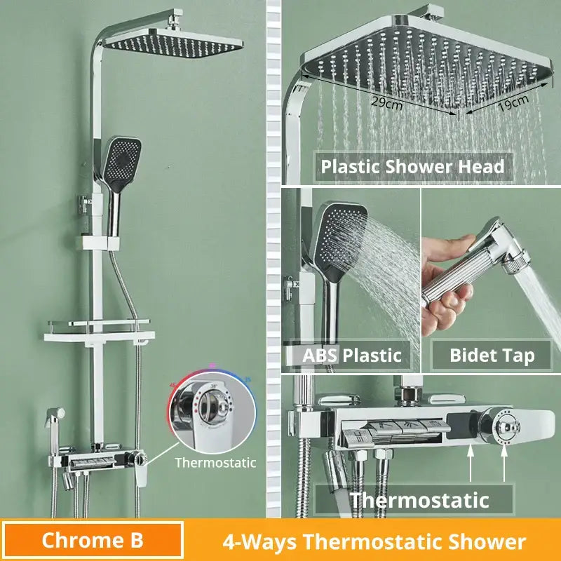 Matte black decorbites digital display shower faucet set with chrome 4-way thermostatic system and square rainhead
