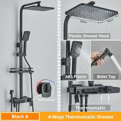 Matte black decorbites digital display shower faucet set with 4-ways thermostatic ABS plastic shower and bidet tap