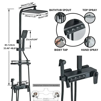 Matte black decorbites digital display shower faucet set with rectangular rainhead handheld spray and bidet tap for bathroom