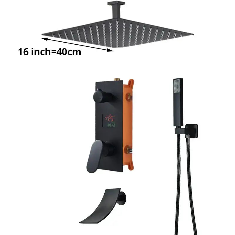 Matte black shower faucet set with digital display featuring a 40cm square rainfall rain shower head with multiple nozzles