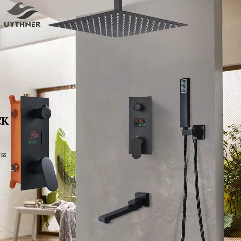 Matte black digital display shower faucet set featuring a square rainhead and handheld spray nozzle with matte finish