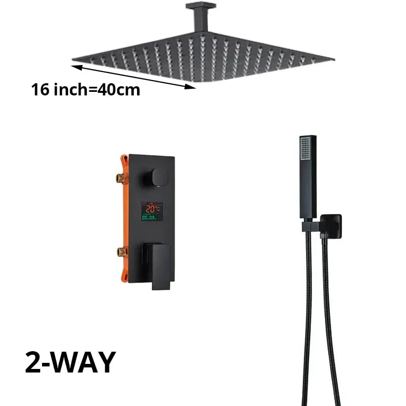 Matte black digital display shower faucet set featuring a 16-inch black square rain shower head with multiple nozzles