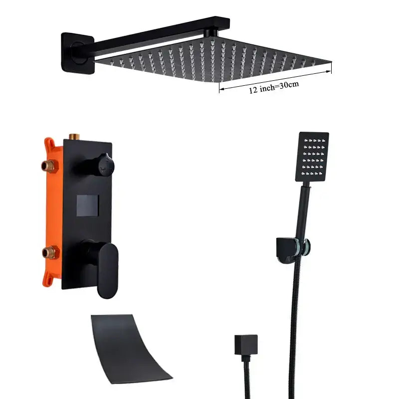 Matte black digital display shower faucet set with 30cm black matte-finish square rain shower head and multiple nozzles