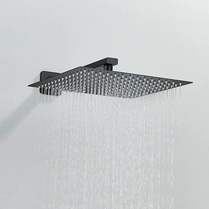 Matte black rain shower head with multiple water jets part of digital display shower faucet set for bathroom use