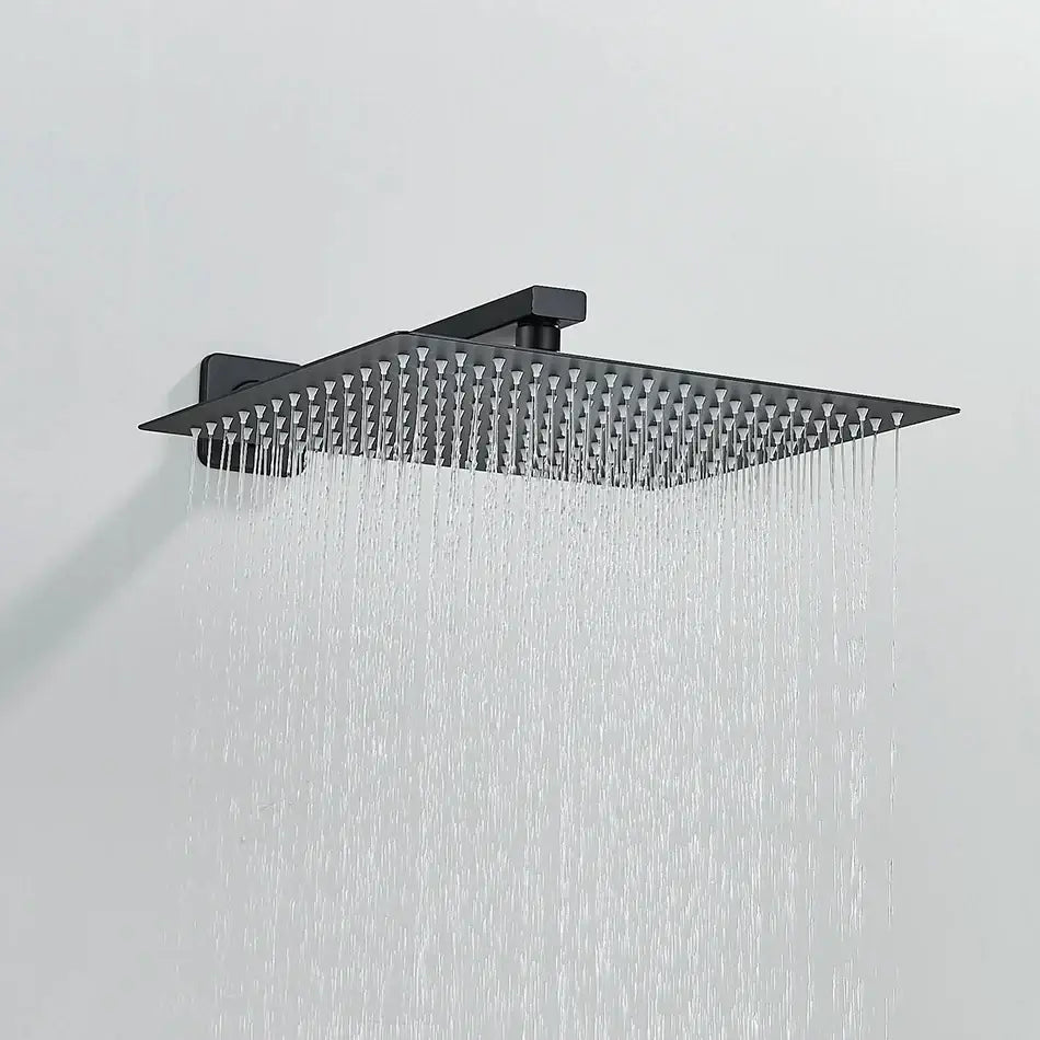 Matte black rain shower head with multiple water jets part of digital display shower faucet set for bathroom use