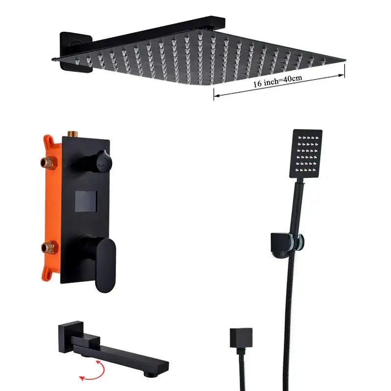 Matte black digital display shower faucet set with 16-inch square matte finish rain shower head and multiple spray nozzles