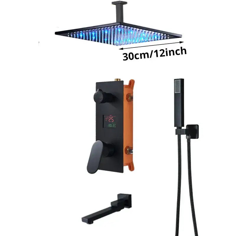 Matte black digital display shower faucet set with 30cm black square rain shower head featuring blue led lighting