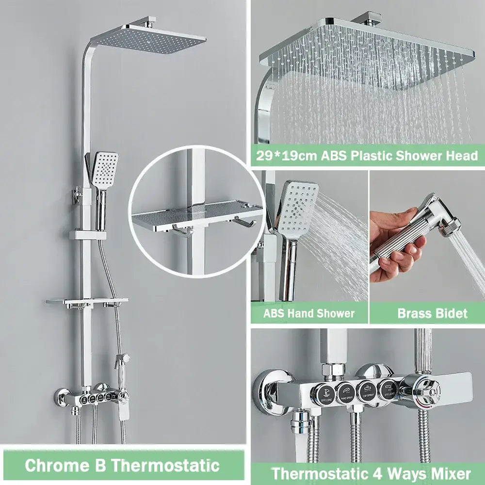 Chrome finished shower faucet set with square rainhead handheld spray and brass bidet controls for bathroom use
