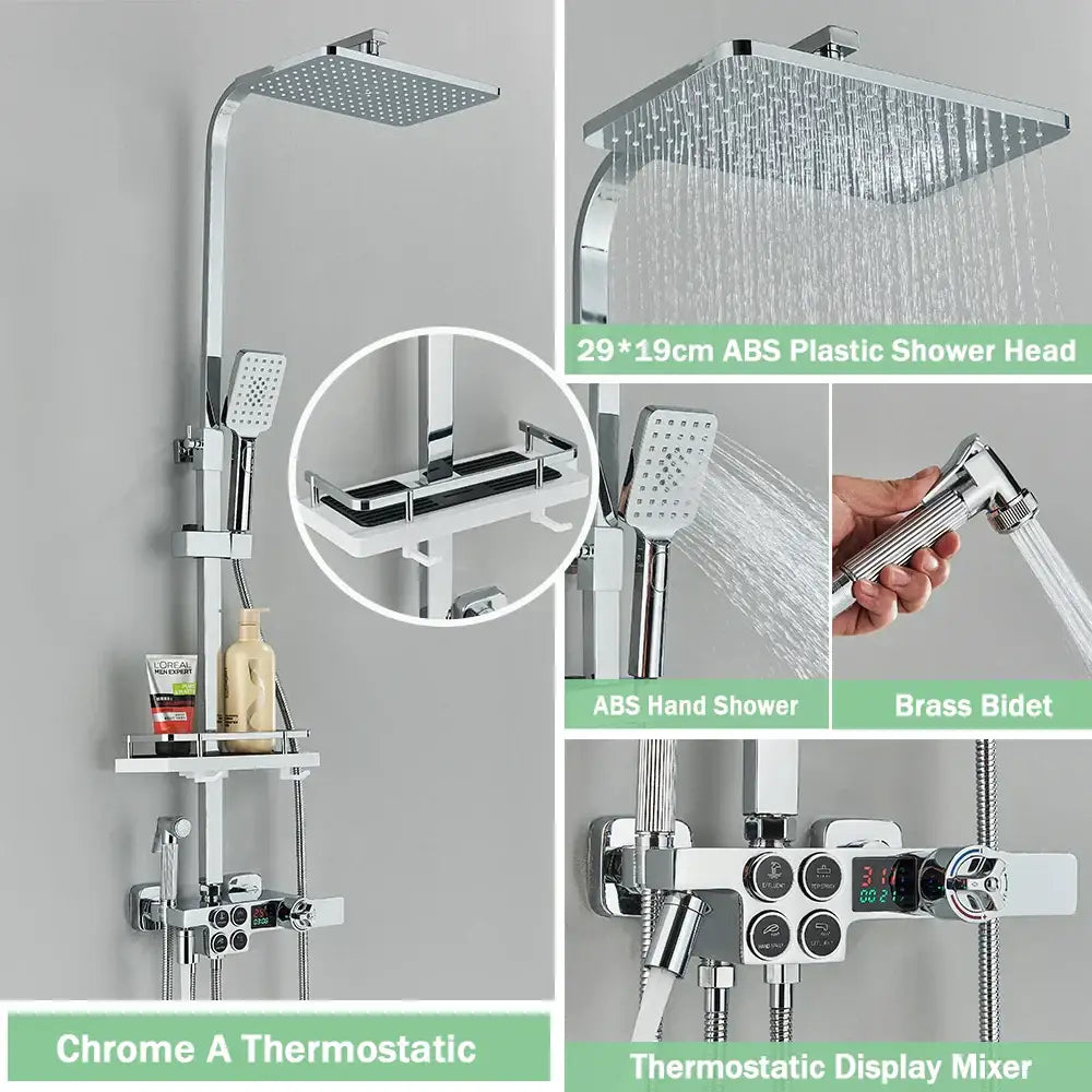 Matte black digital rainfall shower faucet set with chrome finish, square rainhead, handheld spray, and thermostatic control panel