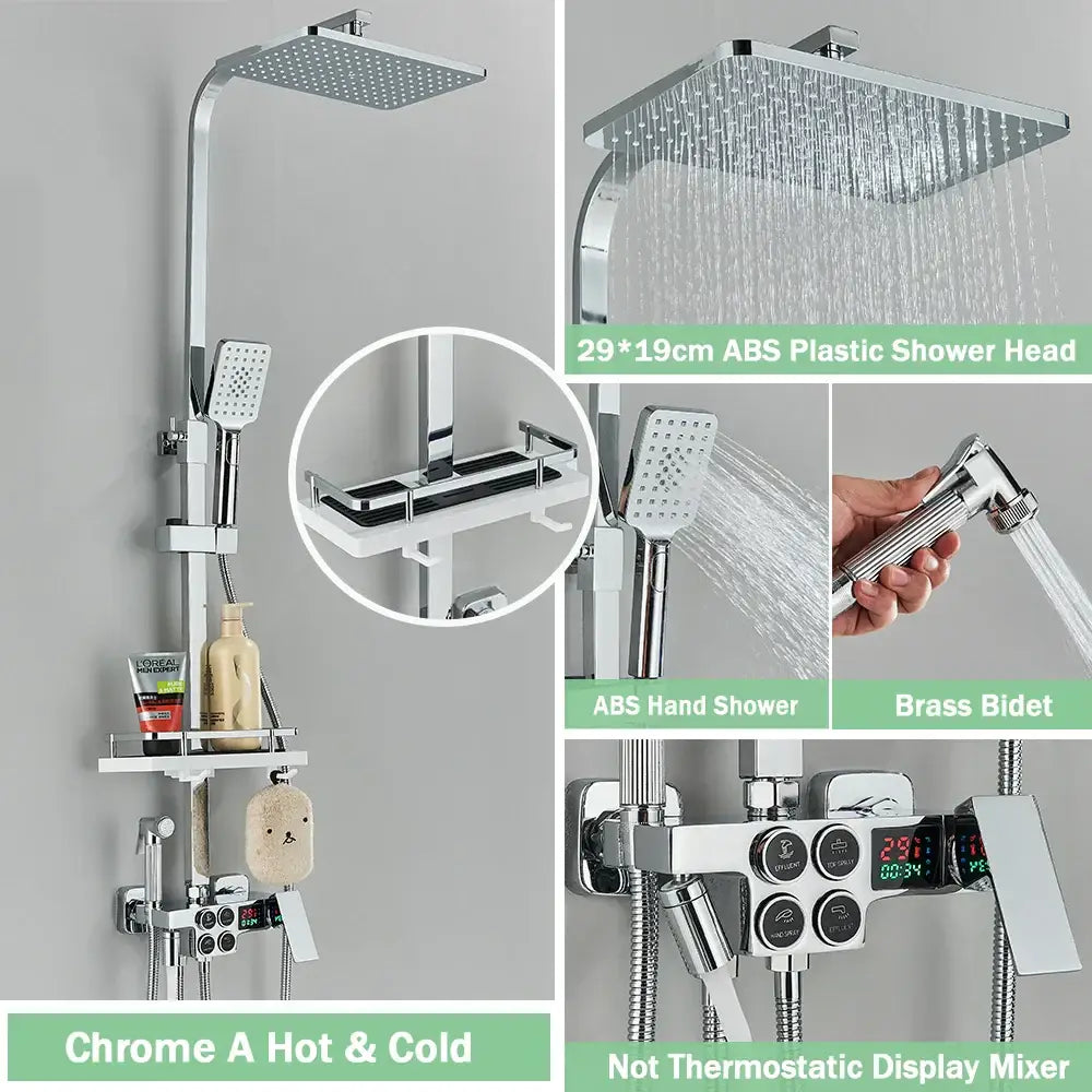 Chrome finished shower faucet set with square rainhead handheld spray and digital display mixer for bathroom use