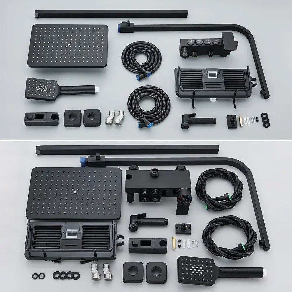 Matte black digital rainfall shower faucet set with square rainhead handheld nozzle and integrated control panel