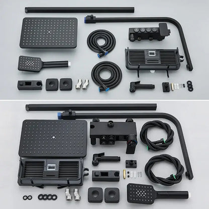 Matte black digital rainfall shower faucet set with square rainhead handheld nozzle and integrated control panel