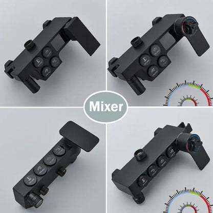 Matte black digital rainfall shower faucet set with black matte-finish mixer and multiple control knobs for precise adjustment