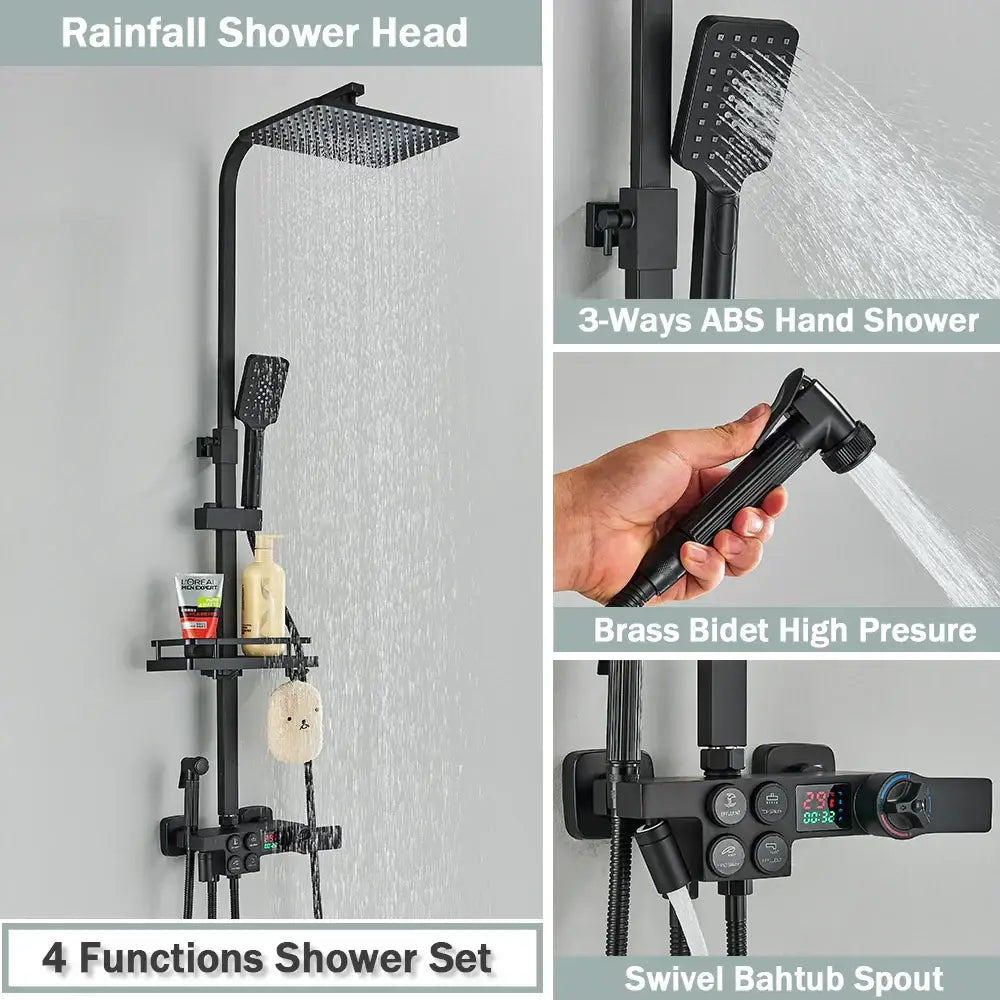 Matte black digital rainfall shower faucet set featuring a black matte-finished square shower faucet with wide water dispersion
