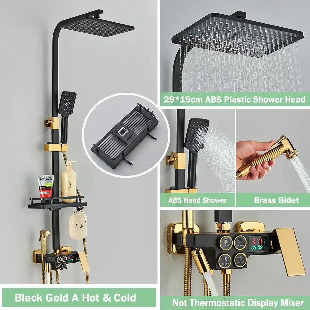 Matte black digital rainfall shower faucet set with square rainhead handheld sprayer brass bidet and digital mixer