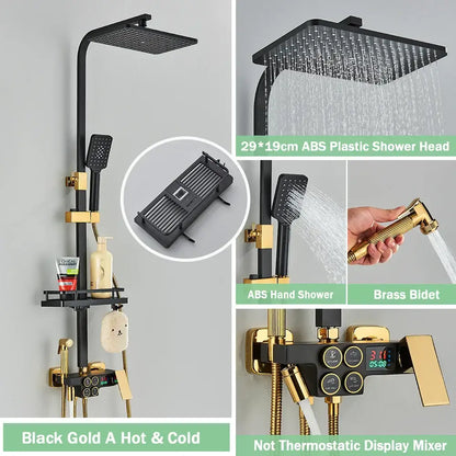 Matte black digital rainfall shower faucet set with square rainhead handheld sprayer brass bidet and digital mixer