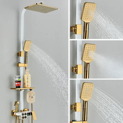 Matte black digital rainfall shower faucet set with gold-finished square rainhead and handheld nozzles on white rail